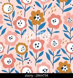 Abstract floral seamless pattern on light pink backgroun. Cute repeat pattern with daisy flowers. Square design. Vector illustration. Stock Vector