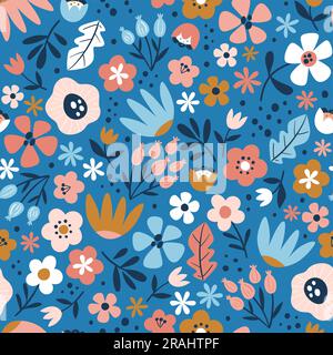 Floral seamless pattern on blue background. Cute repeat pattern with colorful isolated flowers. Square design. Vector illustration. Stock Vector