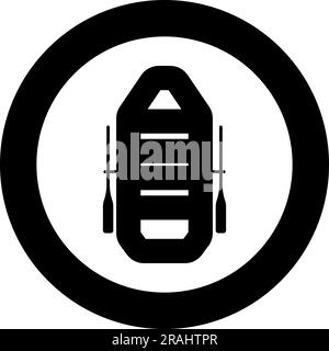Inflatable boat with paddles oars water travel sport river ship leisure summer time concept icon in circle round black color vector illustration Stock Vector