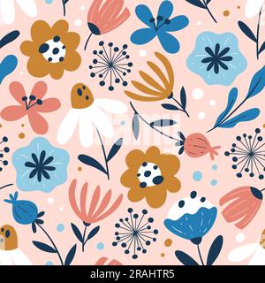 Cute floral seamless pattern. Repeat pattern with abstract flowers isolated on light pink background. Square design. Vector illustration. Stock Vector