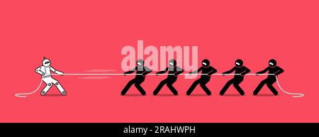 One robot AI artificial intelligence is stronger and better than many humans. Robot tug of war with people. Vector illustration concept of competition Stock Vector