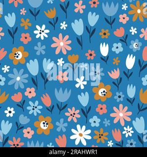 Floral seamless pattern on blue background. Repeat pattern with small abstract flowers. Square design. Vector illustration. Stock Vector