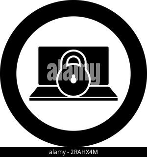 Laptop lock personal data security cyber access concept locked padlock use icon in circle round black color vector illustration image solid outline Stock Vector