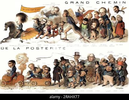 Les Littérateurs les plus remarquables de l'époque actuelle - Grand chemin de la posterite : (Victor Hugo, Theophile Gautier, Cassagnac, Francis Wey, Alphonse Lamartine, Paul Foucher, Eugene Sue, Alexandre Dumas, Frédéric Soulié, honore de Balzac, Alfred de Vigny, Gozlan, Viennet, G. et C. Delavigne, Méry, Monsieur et  Madame Ancelot, A. Karr, Scribe, Mélesville, Bayard, Pierre-François-Adolphe Carmouche, Dupin, Rozico, Lauzanne, Duvert, Masson, P. de Kock, Rochefort, Du Mersan, Varin dit Musard, Marié, G. Planche, Rolle, Guinot (Pierre Durand), Brifaut, Alb. Clerc, Desnoyers, Albéric Second, Stock Photo