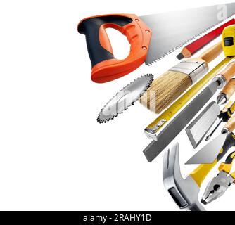 Carpentry tools on white background with copy space Stock Photo