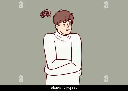 Man in straitjacket suffers from mental illness related to problems in past. Guy is standing in white straitjacket and cannot control confused thoughts have arisen after long depression Stock Vector