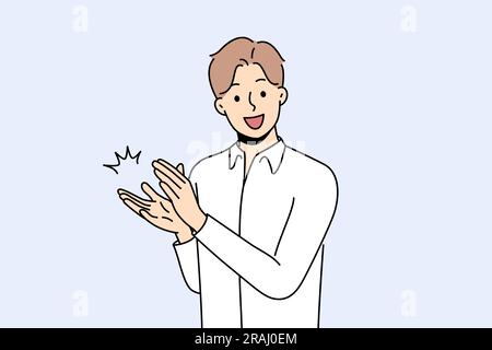 Man claps and applauds to show support or appreciation for successful colleague who has been promoted. Guy applauds you as sign of pride and makes shouts of approval looking at screen. Stock Vector
