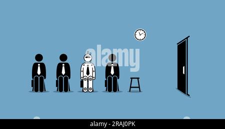 Robot at job interview competing with human for work in technological revolution. Vector illustrations depict concept of future technology and artific Stock Vector