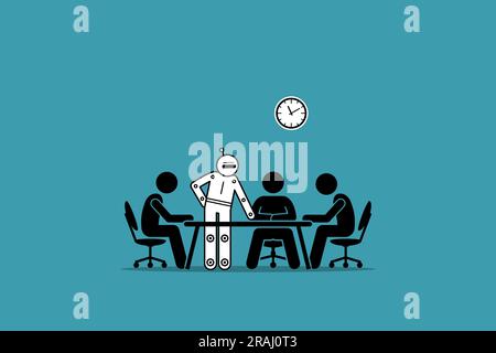 People getting AI artificial intelligence robot to help and give guidance in office work. Vector illustration depicts concept of chat bot, future tech Stock Vector
