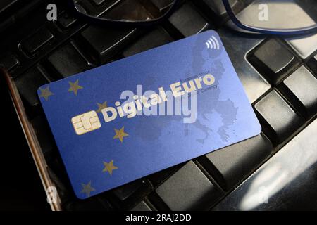 Digital euro currency concept: a credit card on a computer keyboard Stock Photo