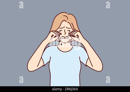 Crying woman wipes tears with hands because of breakup with boyfriend or depression caused by career problems. Crying girl needs help from psychologist or friends to deal with mental illness Stock Vector