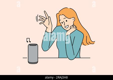 Woman uses wireless speaker with voice control to listen to music or communicate with virtual interlocutor. Wireless speaker for smart home and IOT technology near young smiling girl Stock Vector