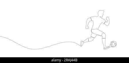Continuous one line drawing of running soccer player man with ball. Football. Vector illustration Stock Vector