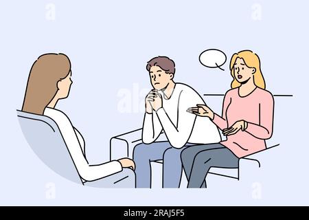 Couple at family therapist in office, sitting on couch talking about problems and quarrels. Woman family therapist helps people get rid of conflicts and misunderstandings in their life together Stock Vector