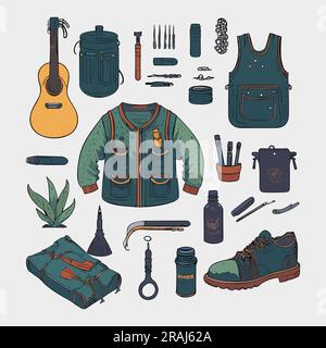 Camping Hiking Gear And Supplies Graphics Set Stock Illustration