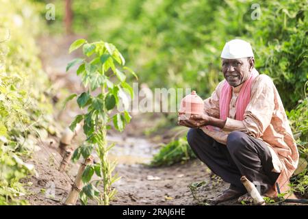 Indian farming happy farmer holding piggy bank in farm, poor farmer, farmer saving Stock Photo