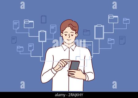 Businessman works with phone managing cloud server and business databases via WIFI. Man with smartphone launches hud file storage through online application using high-tech business solutions Stock Vector