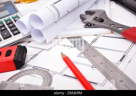 apartment  blueprint and tools on desktop, workspace engineer Stock Photo