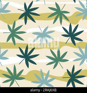 Palm leaves seamless pattern. Repeat pattern with tropical leaves and hand drawn green lines. Square design. Vector illustration. Stock Vector