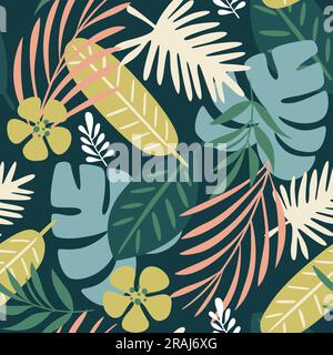 Palm leaves and hibiscus flowers seamless pattern. Cute green tropical repeat pattern. Square design. Vector illustration. Stock Vector