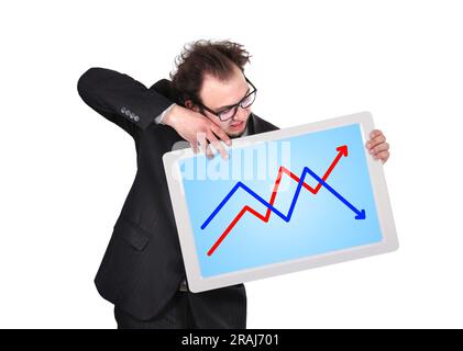 crazy businessman holding digital tablet  with graph Stock Photo