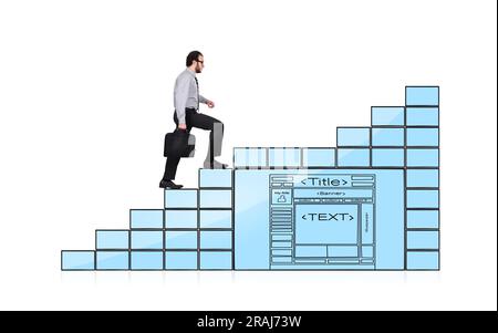 businessman walking up stairs of monitors with template website Stock Photo