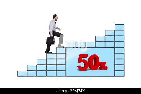 businessman walking up stairs of monitors with discount Stock Photo