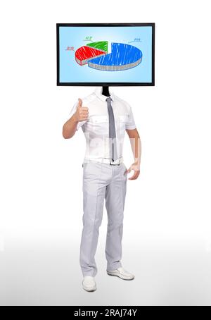 businessman and monitor with pie graph for a head Stock Photo