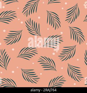 Tropical seamless pattern. Repeat pattern with small palm leaves isolated on coral background. Square design. Vector illustration. Stock Vector