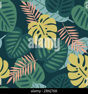Monstera and palm leaves seamless pattern. Cute green tropical repeat pattern. Square design. Vector illustration. Stock Vector