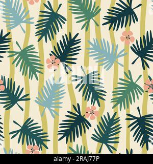 Palm leaves seamless pattern on green striped background. Repeat pattern with palm leave silhouettes and ibiscus flowers. Square design. Vector illust Stock Vector