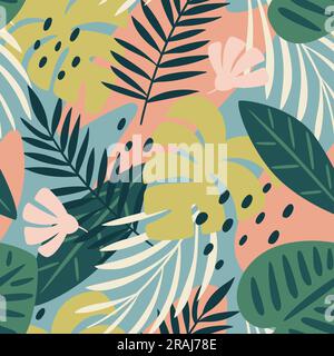 Tropical leaves and flowers seamless pattern. Repeat pattern with abstract tropical leaves. Square design. Vector illustration. Stock Vector