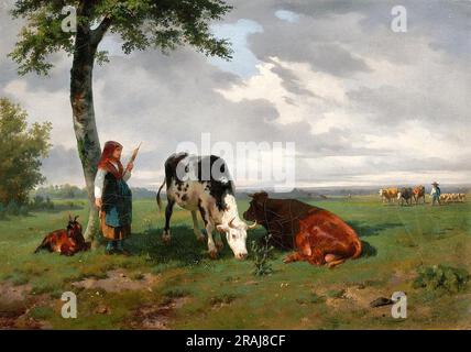 A Shepherdess with a Goat and Two Cows in a Meadow Stock Photo