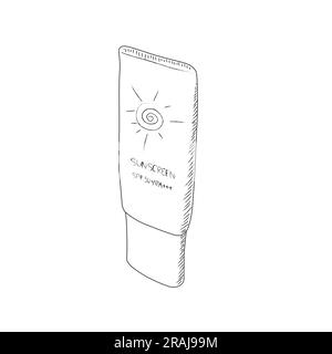 Sunscreen flat outline vector. Black and white skin care item illustration in doodle style. Cosmetic product icon. Stock Vector