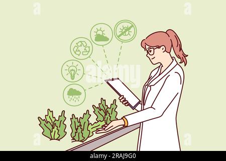 Woman works in hydroponic plant farm growing plants in biological research laboratory. Happy girl in white coat is studying herbs with beneficial properties working in scientific farm. Stock Vector