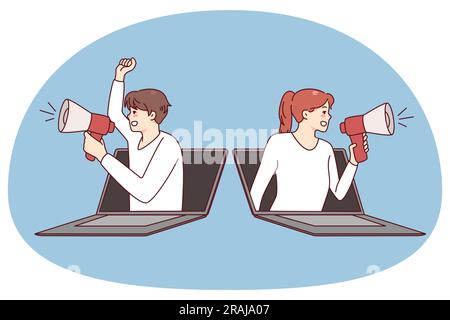 People with megaphones screaming about promotion or discount deal from laptops. Man and woman with loudspeakers promote sale or campaign. Vector illustration. Stock Vector