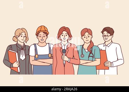 People of different professions are smiling standing in service uniforms and posing for labor day poster. Young professionals from diverse fields take pride in careers on labor day Stock Vector