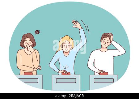 Diverse people participate in quiz show answering questions. Men and women take part in gambling game on TV. Flat vector illustration. Stock Vector