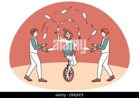 Artist juggling on circus arena. Man and woman performers make show on stage. Jugglers performance. Flat vector illustration. Stock Vector