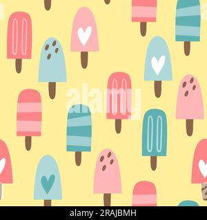 Popsicle seamless pattern. Isolated ice popsicles isolated on yellow background. Square repeat pattern design. Vector illustration. Stock Vector