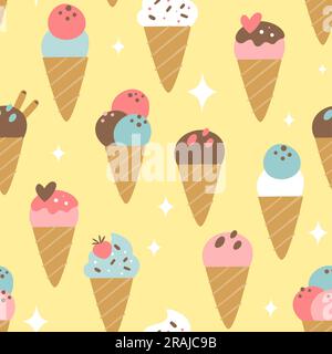 Cute ice cream cones seamless pattern with different toppings and sweet decorations isolated on pink background. Square repeat pattern design. Vector Stock Vector