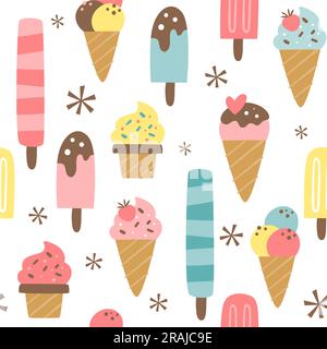 Ice cream, cones and popsicles seamless pattern. Isolated yummy ice cream pattern isolated on white background. Square repeat pattern design. Vector i Stock Vector