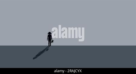 lonely sad little girl with teddy bear stands in front of a gray wall Stock Vector