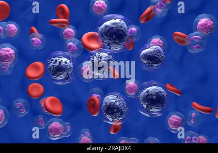 Acute myeloid leukemia (AML) cells in blood flow - isometric view 3d illustration Stock Photo