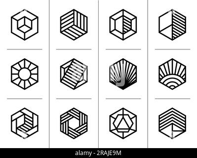 Modern line abstract hexagon logo design set. Digital technology hexagonal logo. Stock Vector