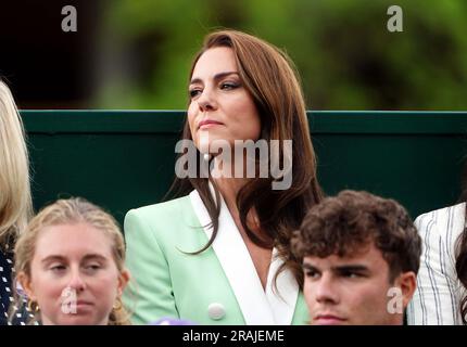 The Princess of Wales watching Katie Boulter in action against Daria Saville on day two of the 2023 Wimbledon Championships at the All England Lawn Tennis and Croquet Club in Wimbledon. Picture date: Tuesday July 4, 2023. Stock Photo