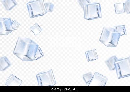Falling ice cube, isolated on transparent background, selective focus. Flying ice cubes with blur effect . Realistic 3d vector illustration Stock Vector