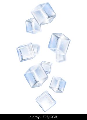 Falling ice cube, isolated on transparent background, selective focus. Flying ice cubes with blur effect . Realistic 3d vector illustration Stock Vector
