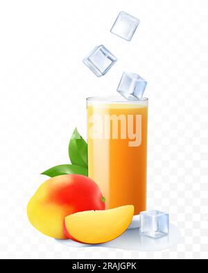 A glass of fresh mango juice or smoothie with ice cubes falling into the glass. Cup of cocktail or yogurt with ripe mango, isolated on transparent bac Stock Vector