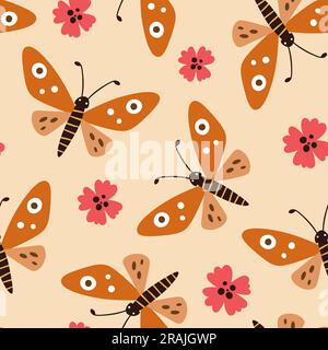 Beautiful butterfly seamless pattern. Repeat pattern with abstract butterfly and flowers isolated on beige background. Square design. Vector illustrat Stock Vector